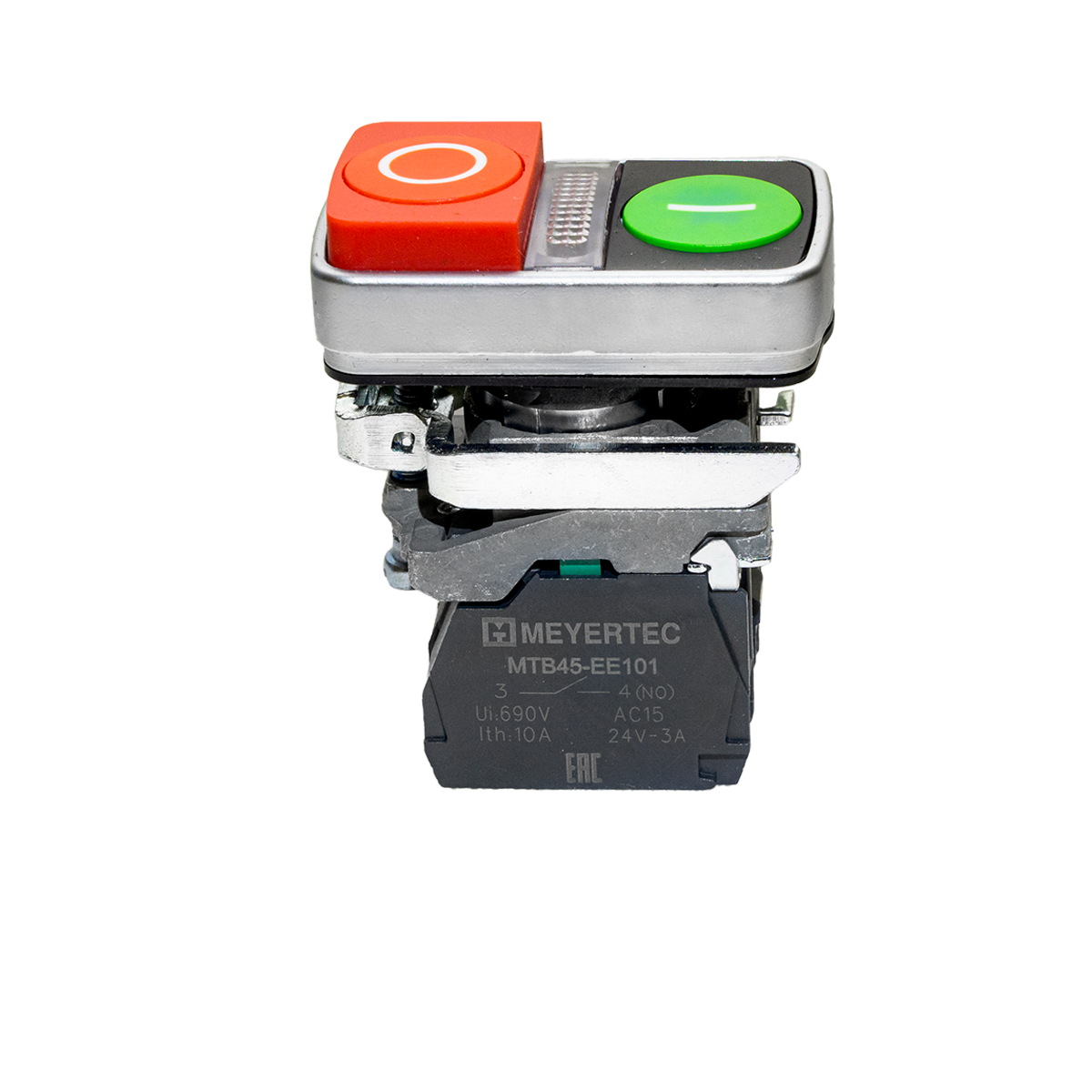 Кнопка двойная выступающая с подсветкой, красная/зеленая, маркировка "I+O", 1NO+1NC, 24V AC/DC, IP65, металл