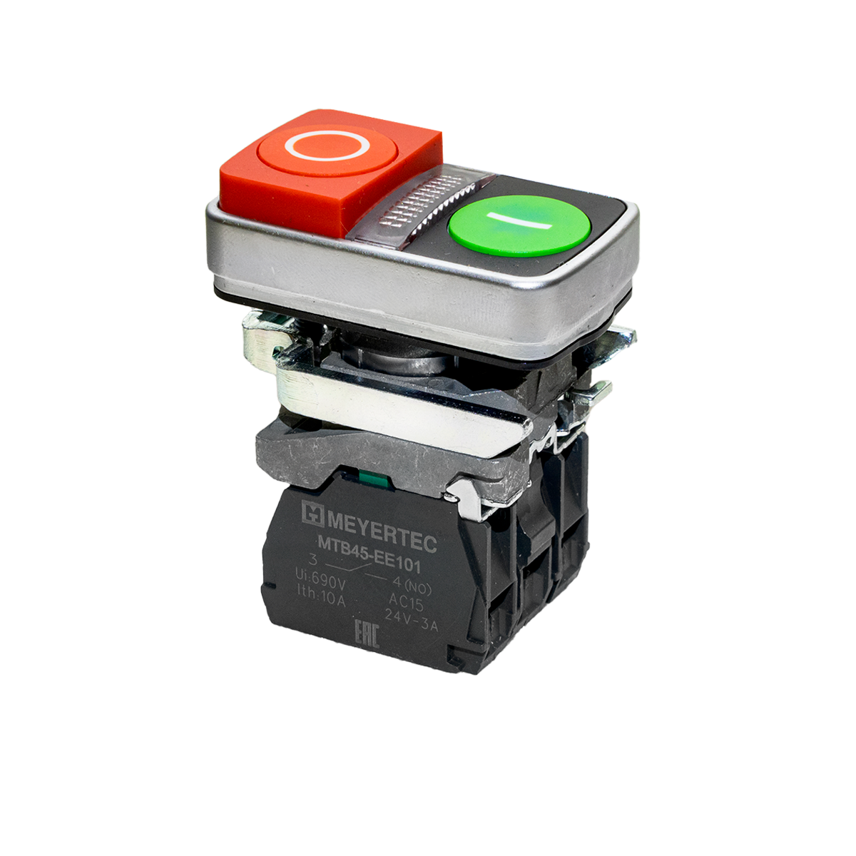 Кнопка двойная выступающая с подсветкой, красная/зеленая, маркировка "I+O", 1NO+1NC, 24V AC/DC, IP65, металл