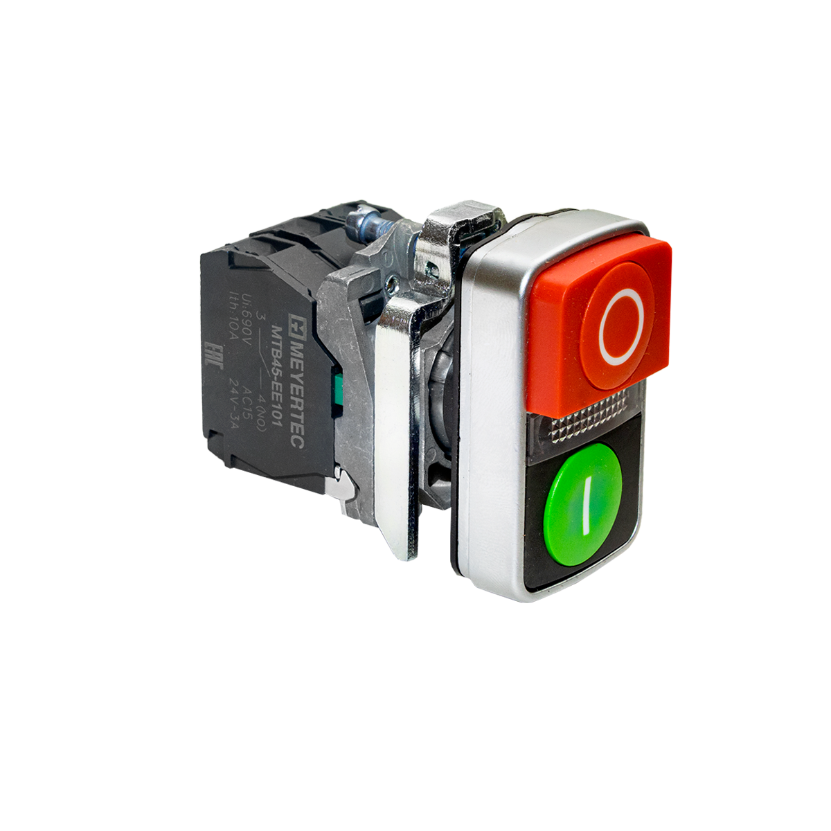 Кнопка двойная выступающая с подсветкой, красная/зеленая, маркировка "I+O", 1NO+1NC, 24V AC/DC, IP65, металл